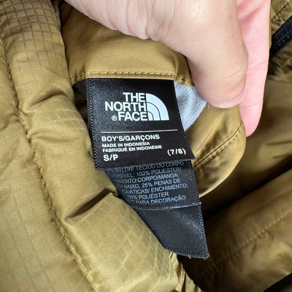 The North Face Boys S 7/8 550 Down Puffer Jacket Brown Black Hooded Colorblock - Picture 3 of 7